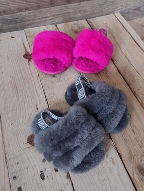 UGG Baby Fuzzy Slide Slippers in Hot Pink and Gray